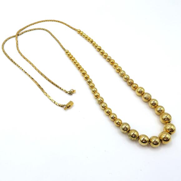 Vintage Gold Tone Beaded Necklace with Flat Herringbone Chain and Box Clasp - Picture 4 of 11